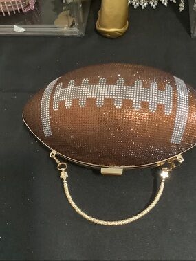 Crystal Football-Shaped Clutch in Brown with Gold Handle